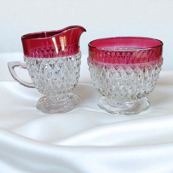 Vintage Indiana Glass Ruby Diamond Point Creamer & Sugar Set – Mid Century - Picture 1 of 11